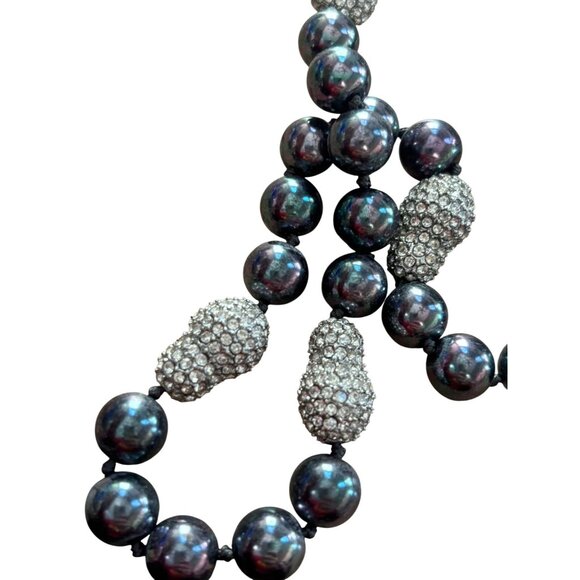 Black Pearl & Rhinestone Long Beaded Necklace 40" Hand-Knotted Elegant Jewelry - Picture 2 of 9